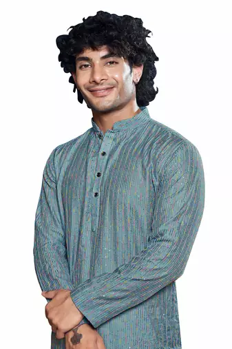 Blue beautiful sequins embroidery work partywear kurta payjama for men