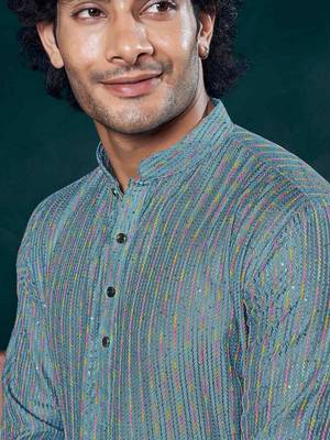 Blue beautiful sequins embroidery work partywear kurta payjama for men 4