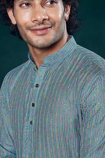 Blue beautiful sequins embroidery work partywear kurta payjama for men