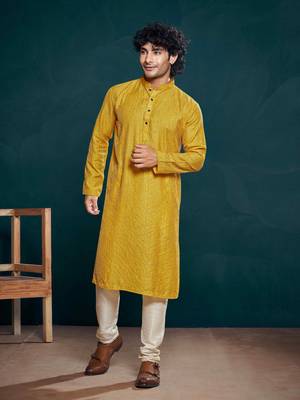 Yellow beautiful sequins embroidery work partywear kurta payjama for men 1