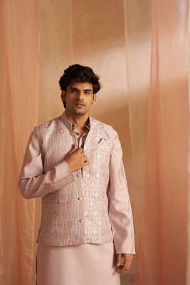 Purple ethnic indian wedding wear kurta payjama with nehru jacket for classy looks 3