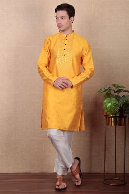 Yellow jacquard silk style stunning kurta payjama for men 1