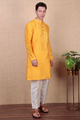 Yellow jacquard silk style stunning kurta payjama for men 2