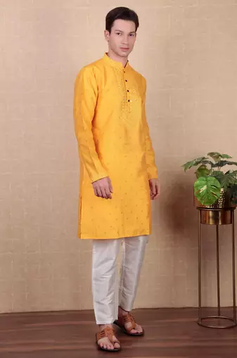 Yellow jacquard silk style stunning kurta payjama for men