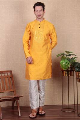 Yellow jacquard silk style stunning kurta payjama for men 3