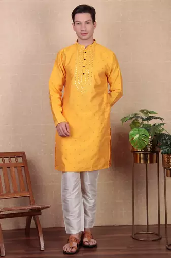 Yellow jacquard silk style stunning kurta payjama for men