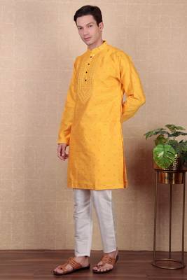 Yellow jacquard silk style stunning kurta payjama for men 4