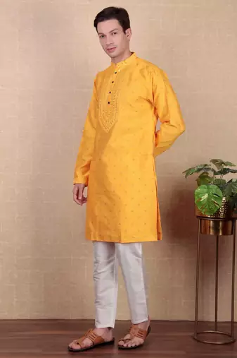 Yellow jacquard silk style stunning kurta payjama for men