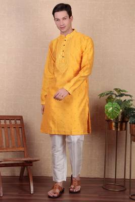 Yellow jacquard silk style stunning kurta payjama for men 5