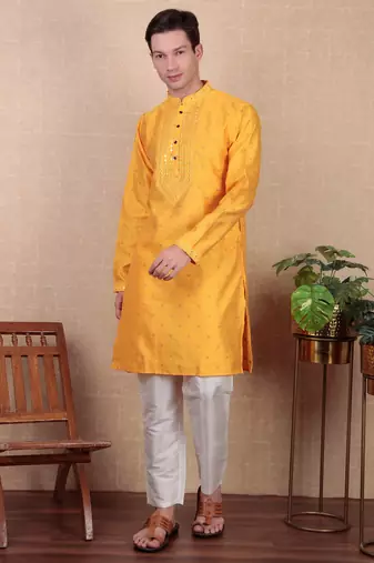 Yellow jacquard silk style stunning kurta payjama for men