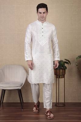 White jacquard silk style stunning kurta payjama for men 1