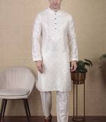 White jacquard silk style stunning kurta payjama for men