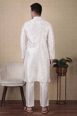 White jacquard silk style stunning kurta payjama for men 2