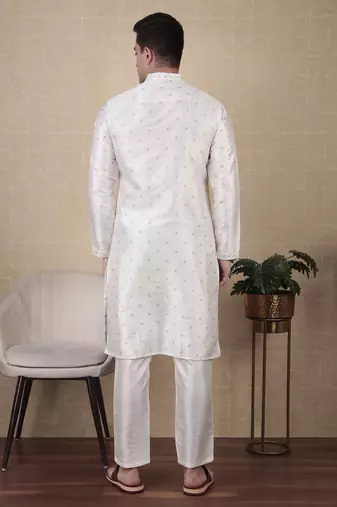 White jacquard silk style stunning kurta payjama for men