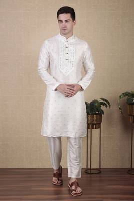 White jacquard silk style stunning kurta payjama for men 3
