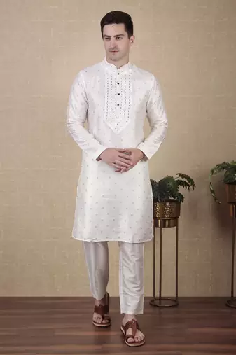 White jacquard silk style stunning kurta payjama for men
