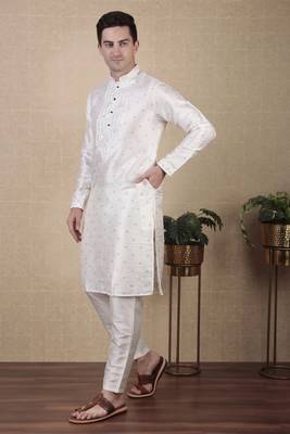 White jacquard silk style stunning kurta payjama for men 4