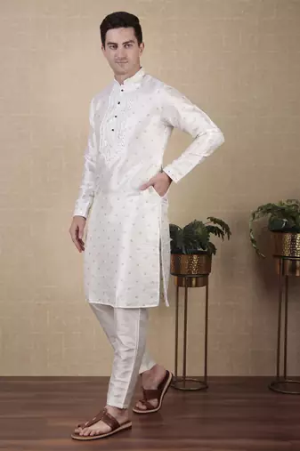 White jacquard silk style stunning kurta payjama for men