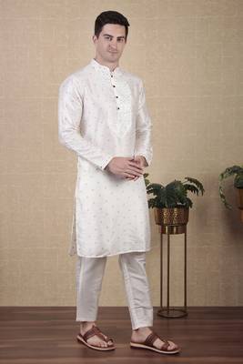 White jacquard silk style stunning kurta payjama for men 5