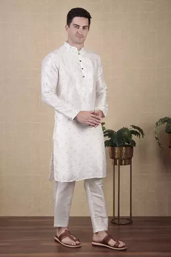 White jacquard silk style stunning kurta payjama for men