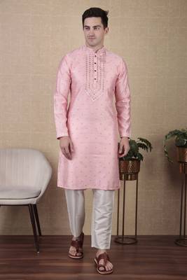 Pink jacquard silk style stunning kurta payjama for men 1