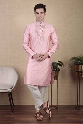 Pink jacquard silk style stunning kurta payjama for men 3