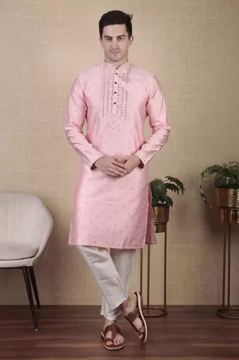 Pink jacquard silk style stunning kurta payjama for men