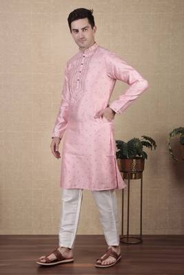 Pink jacquard silk style stunning kurta payjama for men 4