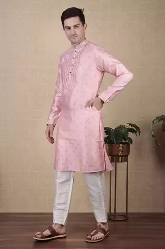 Pink jacquard silk style stunning kurta payjama for men