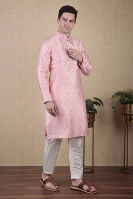 Pink jacquard silk style stunning kurta payjama for men 5