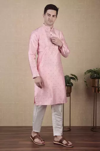 Pink jacquard silk style stunning kurta payjama for men