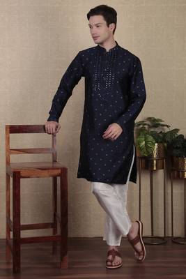 Navy blue jacquard silk style stunning kurta payjama for men 3