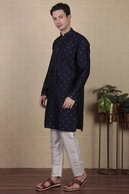 Navy blue jacquard silk style stunning kurta payjama for men 4