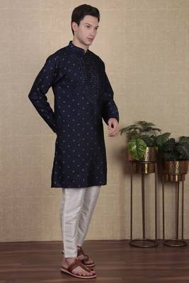 Navy blue jacquard silk style stunning kurta payjama for men 5