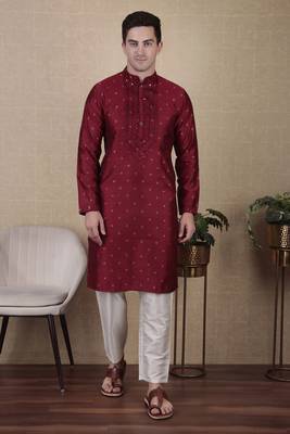 Maroon jacquard silk style stunning kurta payjama for men 1