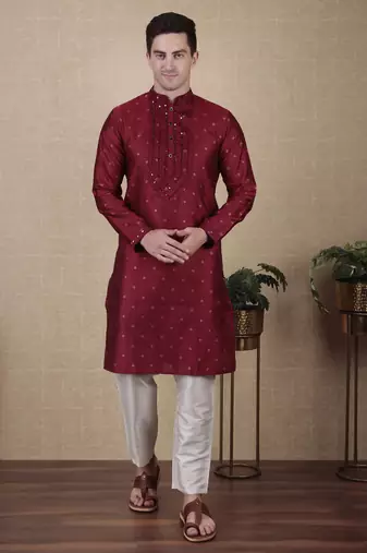 Maroon jacquard silk style stunning kurta payjama for men
