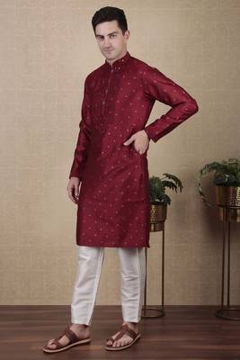 Maroon jacquard silk style stunning kurta payjama for men 4