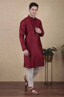 Maroon jacquard silk style stunning kurta payjama for men 5