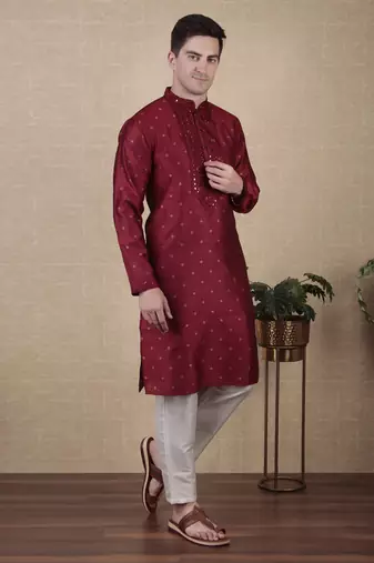 Maroon jacquard silk style stunning kurta payjama for men