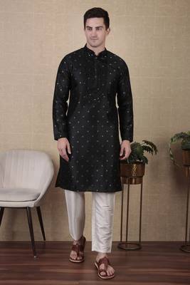 Black jacquard silk style stunning kurta payjama for men 3