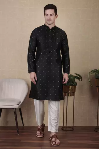 Black jacquard silk style stunning kurta payjama for men