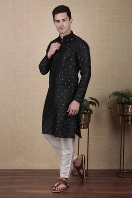 Black jacquard silk style stunning kurta payjama for men 4