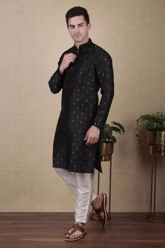 Black jacquard silk style stunning kurta payjama for men