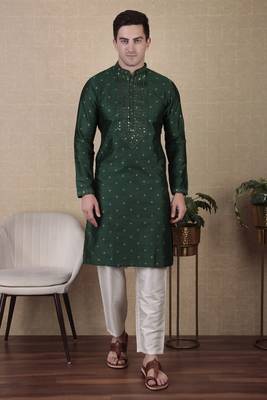 Green jacquard silk style stunning kurta payjama for men 1