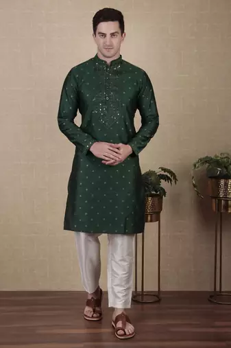 Green jacquard silk style stunning kurta payjama for men