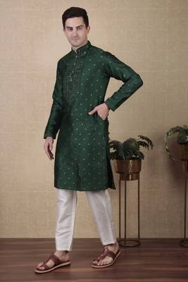 Green jacquard silk style stunning kurta payjama for men 4