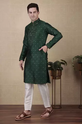 Green jacquard silk style stunning kurta payjama for men