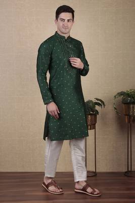 Green jacquard silk style stunning kurta payjama for men 5