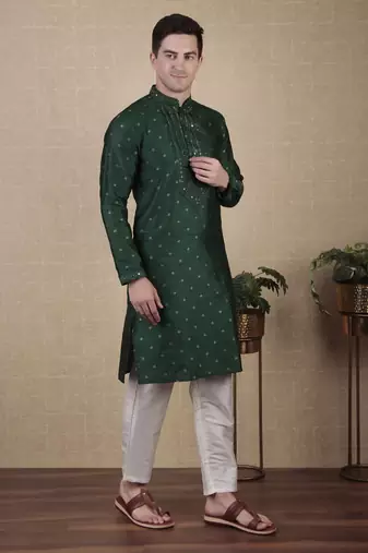 Green jacquard silk style stunning kurta payjama for men