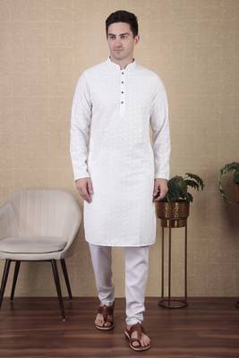 White beautiful sequins embroidery work bollywood style festive kurta payjama set 1